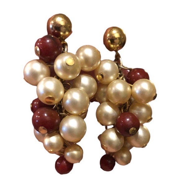 Vintage 1940s 14K Gold Burgundy and Cream Pearl Cluster Waterfall Earrings 2”